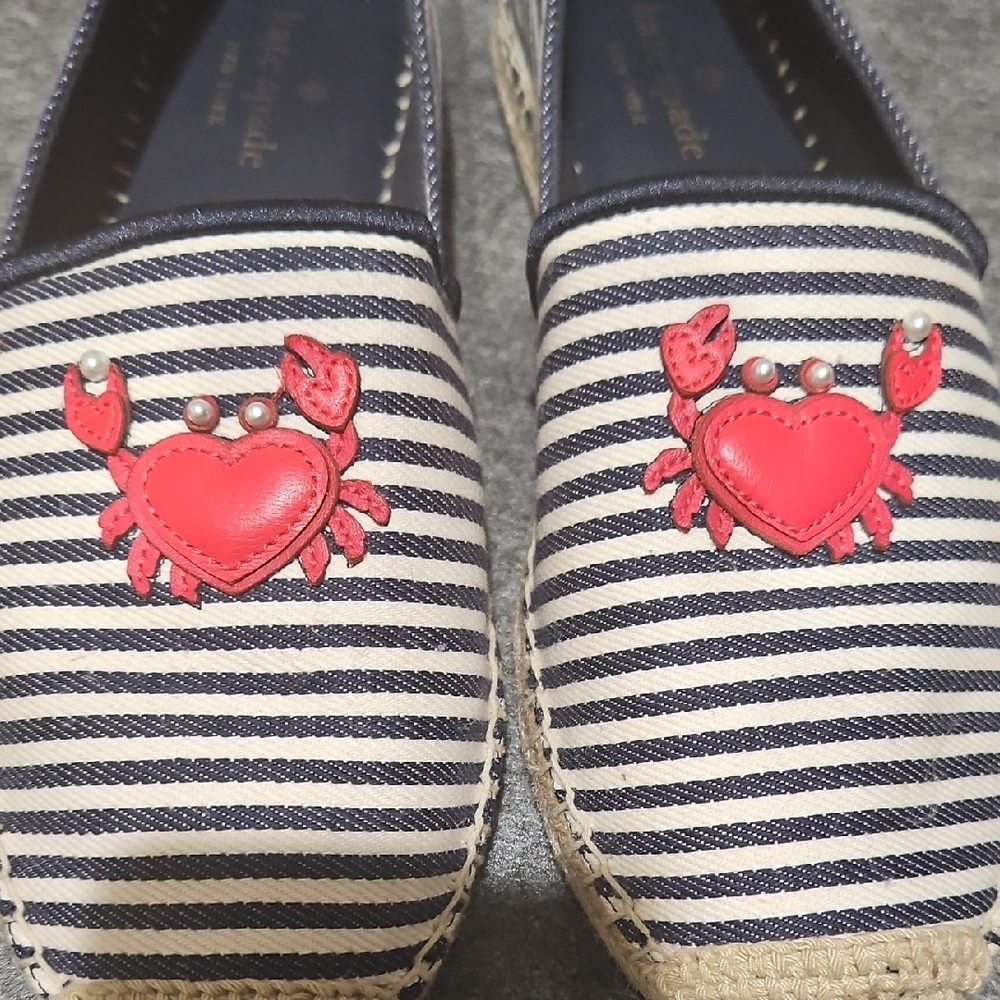 Kate Spade Laguna Striped Espadrilles 9.5 Navy Blue White Crab Pearl Flat Shoe - Picture 3 of 11